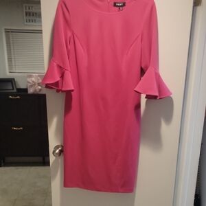 DKNY Hot Pink Midi Dress with Ruffle Sleeves